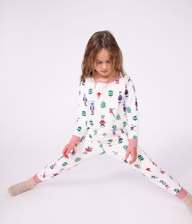 Pigiama bambino in tessuto felpato con stampa natalizia bianco/multicolore