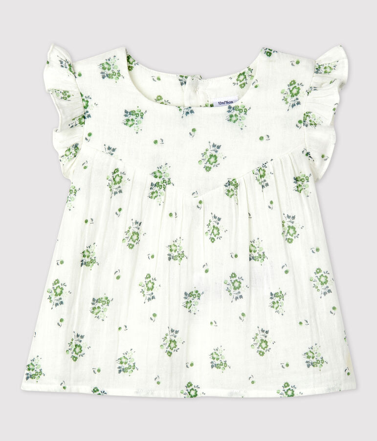 Blusa manica corta beb&egrave; in garza di cotone biologico a fiori bianco MARSHMALLOW/bianco MULTICO