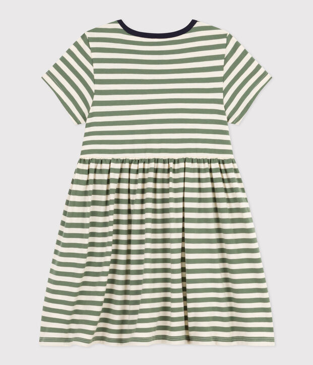 Abito a maniche corte in cotone a righe bambina verde/ecru