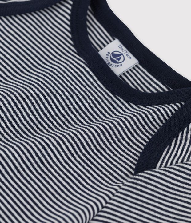 T-shirt beb&egrave; a maniche corte millerighe in cotone biologico blu/bianco