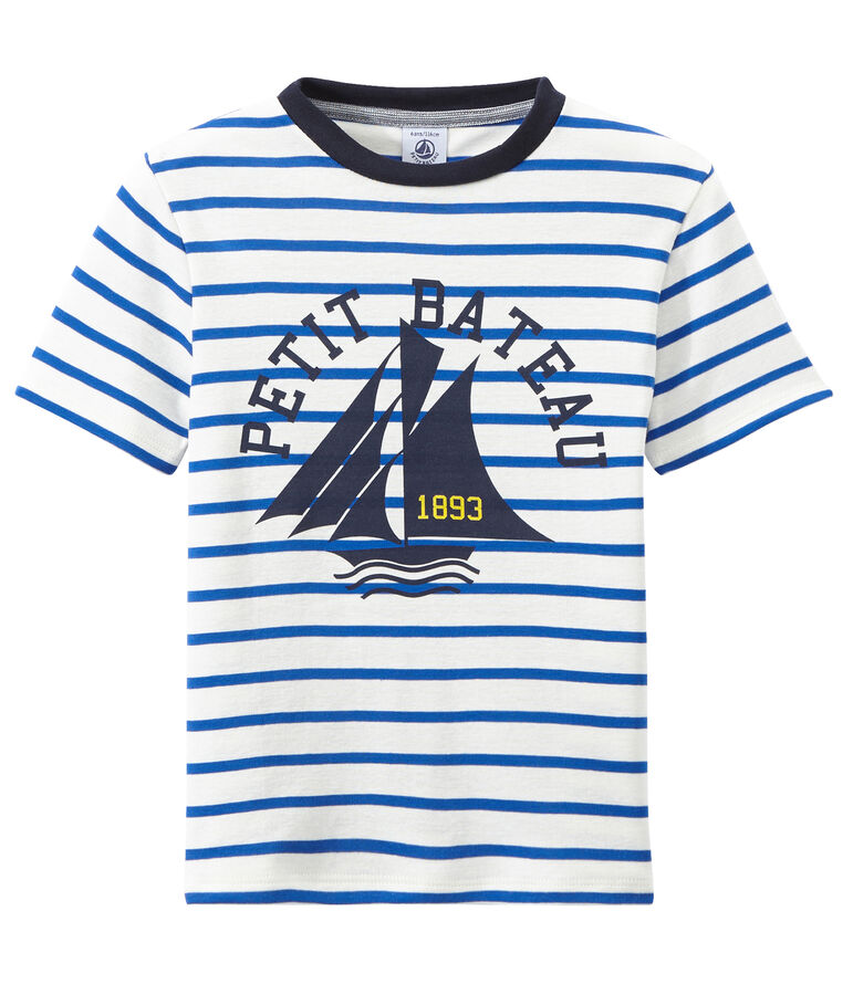 T-shirt bambino rigata stampata bianco/blu