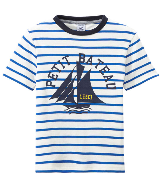 T-shirt bambino rigata stampata bianco MARSHMALLOW/blu PERSE