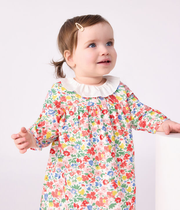 Abito a maniche lunghe in cotone con stampa a fiori neonata bianco/multicolore