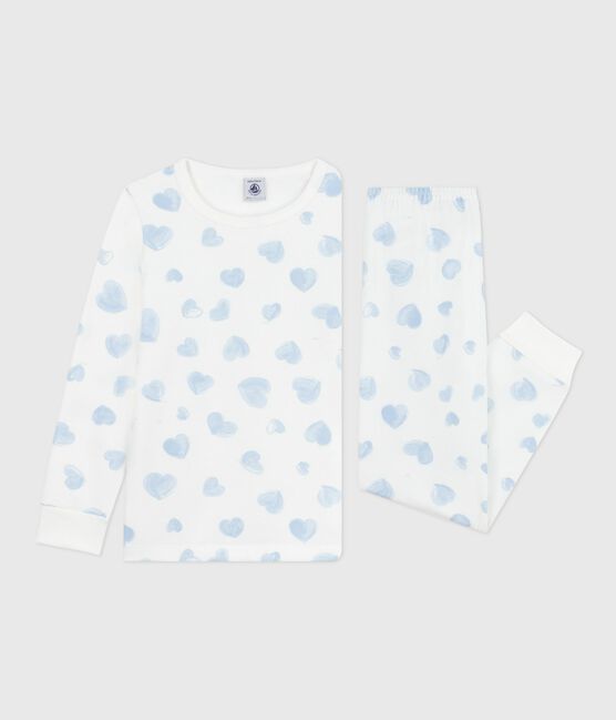 Pigiama bambina in tessuto felpato con stampa a cuori bianco MARSHMALLOW/bianco MULTICO