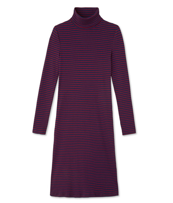 Vestito donna collo alto a righe in cotone ultra light rosso CLAFOUTI/blu MEDIEVAL