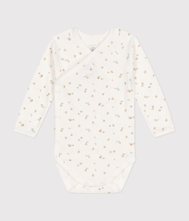 Body incrociato a maniche lunghe in cotone neonato bianco/rosa