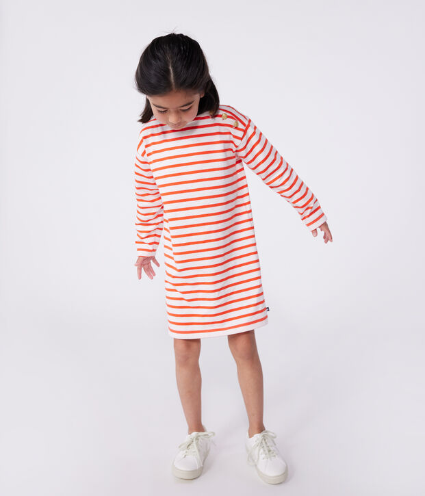 Abito a maniche lunghe in cotone a righe bambina rosa/rosso