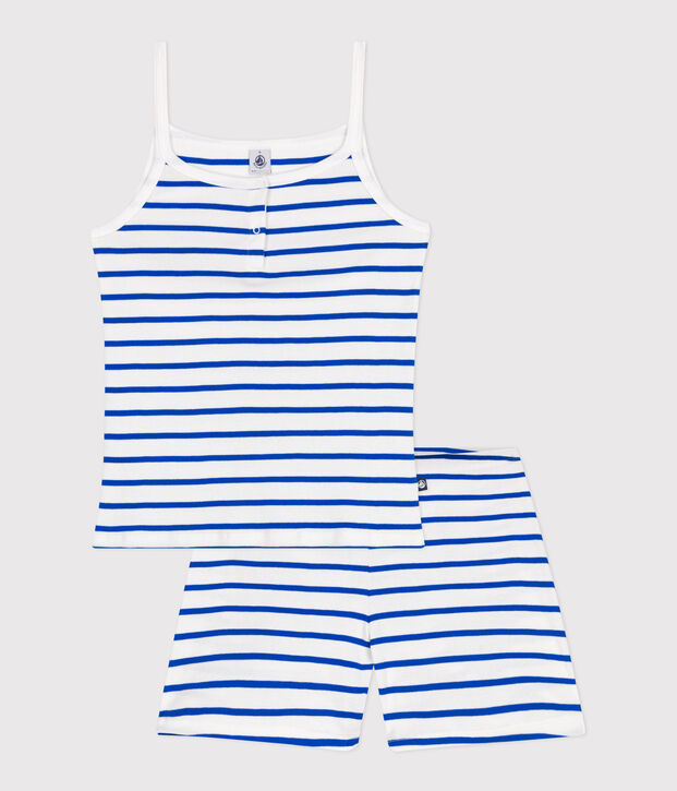 Pigiama corto in cotone a righe con spalline sottili donna bianco/blu