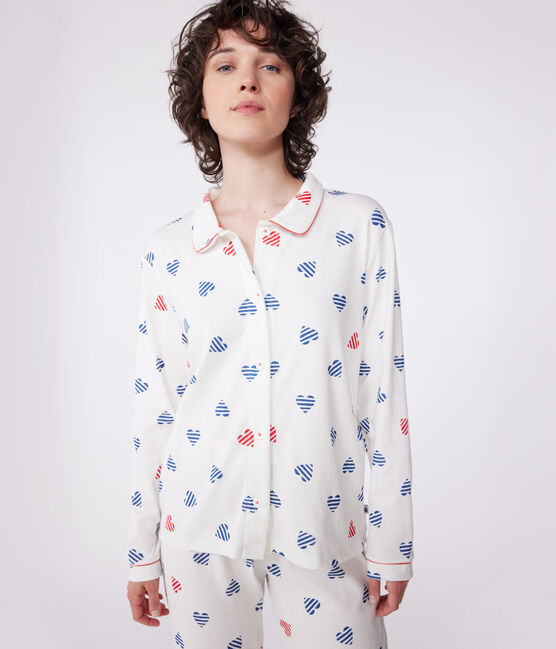 Pigiama da donna in cotone con bottoni e stampa a cuore bianco MARSHMALLOW/bianco MULTICO