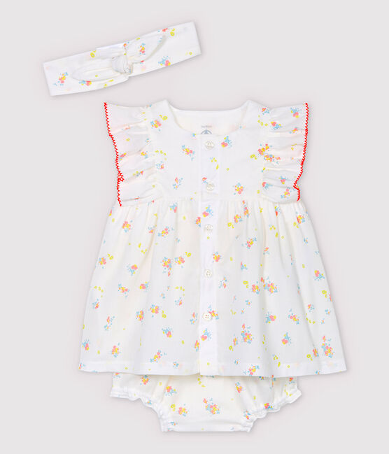 Abito senza maniche con bloomer e fascia bebè femmina in popeline di cotone biologico bianco MARSHMALLOW/bianco MULTICO
