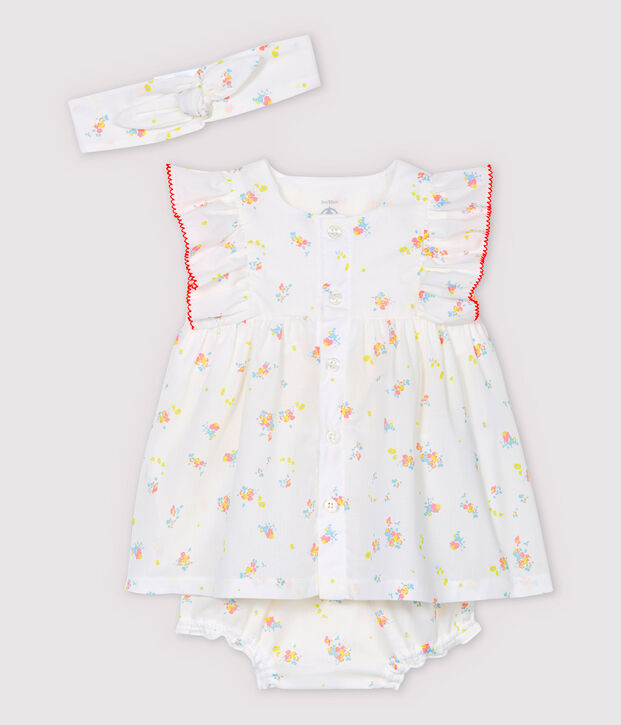 Abito senza maniche con bloomer e fascia beb&egrave; femmina in popeline di cotone biologico bianco/multicolore