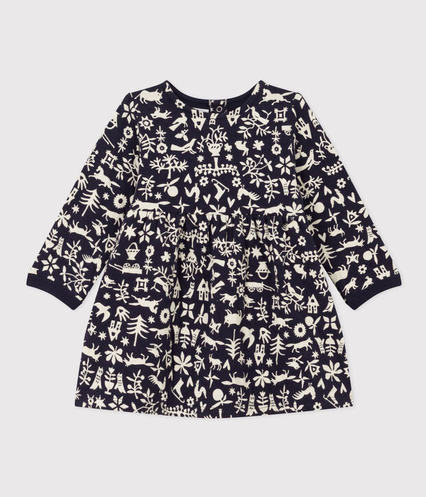 Abito a maniche lunghe in tubique trapuntato con stampa per beb&egrave; blu/ecru