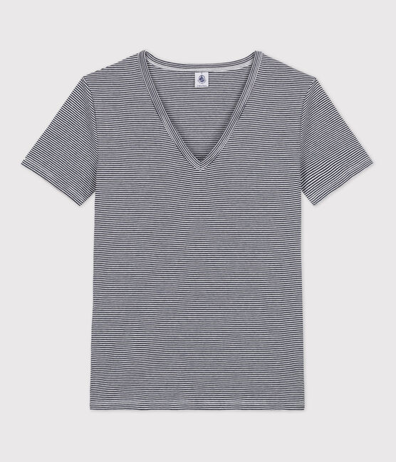 T-shirt L'ICONIQUE scollo a V in cotone donna blu SMOKING/bianco MARSHMALLOW