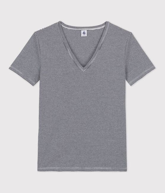 T-shirt L'ICONIQUE scollo a V in cotone da donna blu SMOKING/bianco MARSHMALLOW