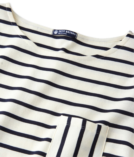 T-shirt femme manches longues en côte originale beige COQUILLE/blu SMOKING