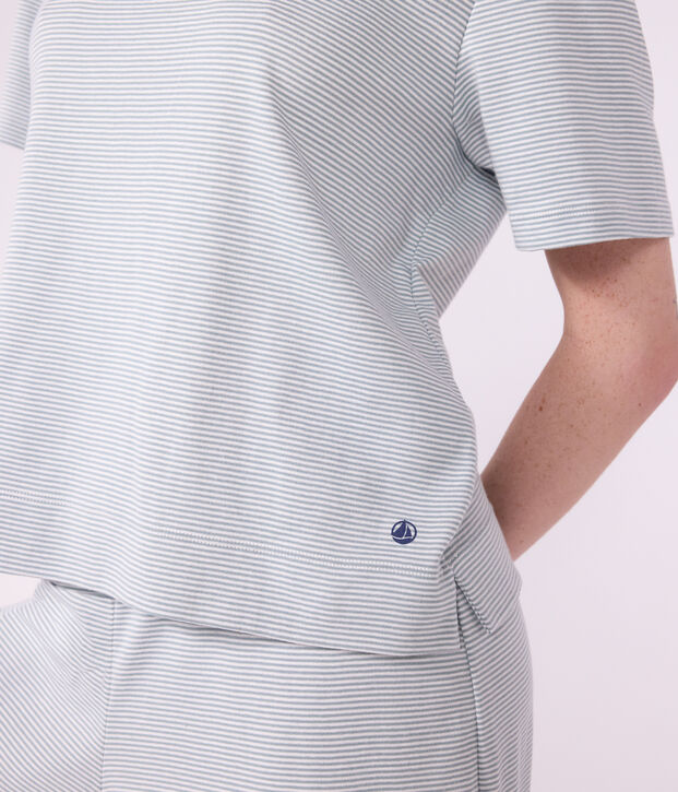 Pigiama in cotone a righe con gamba ampia donna grigio/bianco