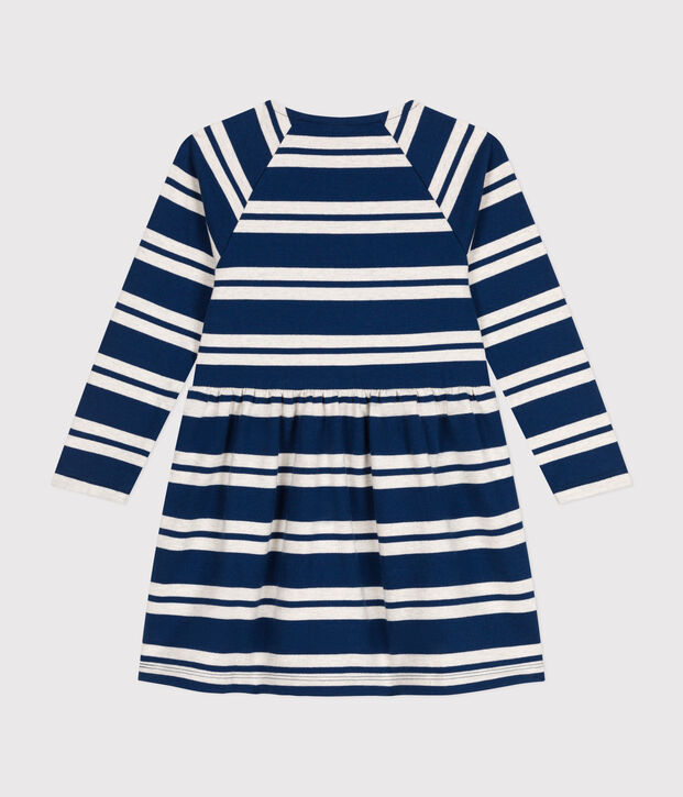 Abito a maniche lunghe in cotone spesso bambina blu/beige