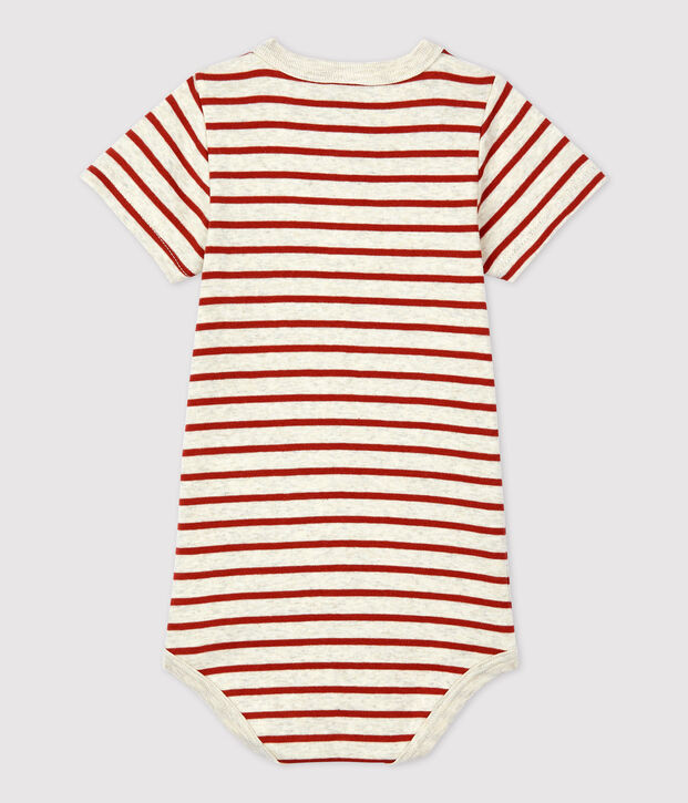Body beb&egrave; con scollo serafino in cotone biologico a righe beige/marrone