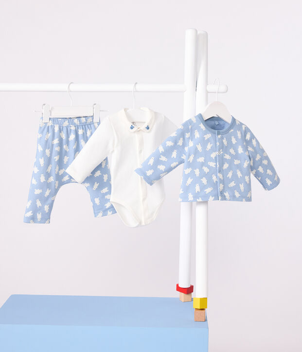 Set 3 pezzi con orso stampato e body con colletto ricamato neonato blu/multicolore