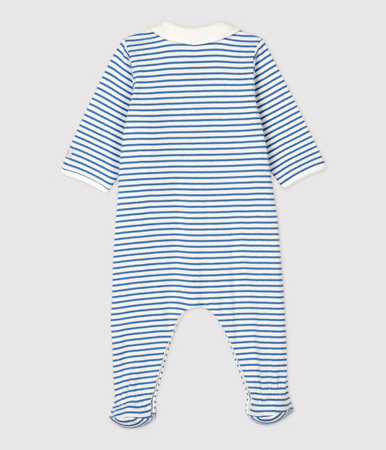 Tutina pigiama bebè con collo a righe blu in cotone biologico bianco MARSHMALLOW/blu ALASKA