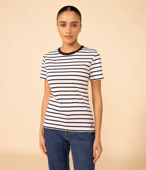 T-shirt L'ICONIQUE girocollo in cotone Donna bianco MARSHMALLOW/blu SMOKING