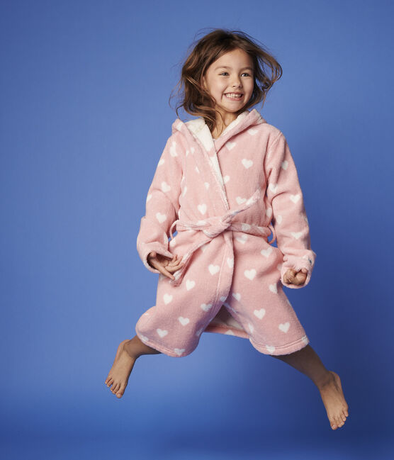 Accappatoio bambina a cuori in spugna rosa CHARME/bianco MARSHMALLOW
