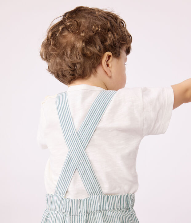 Salopette corta in cotone a righe neonato bianco/verde