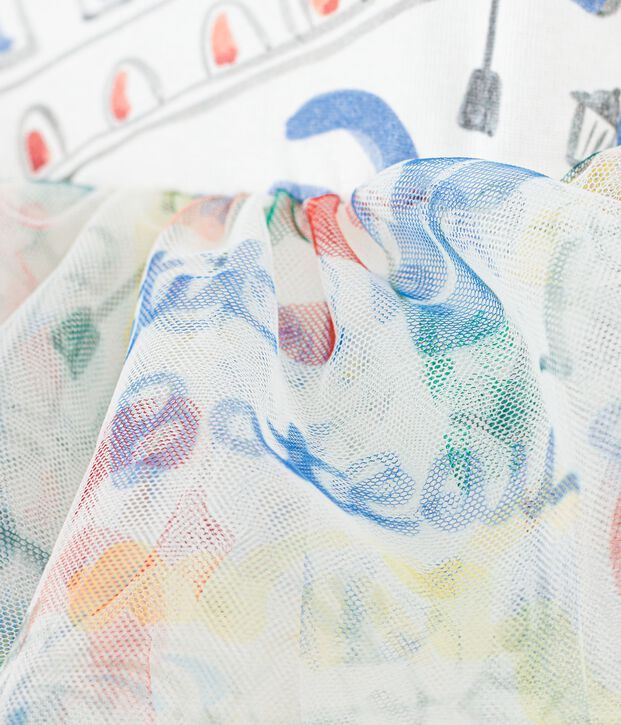 Abito a maniche corte in cotone e tulle con stampa bambina bianco/multicolore