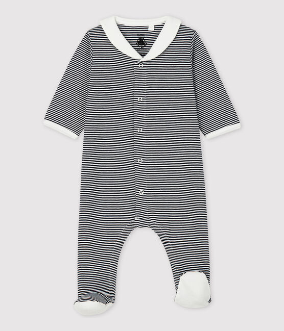 Tutina pigiama a righe con collo stile "vareuse" bebè in cotone biologico blu SMOKING/bianco MARSHMALLOW