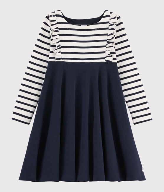 Abito maniche lunghe in cotone bambina bianco MARSHMALLOW/blu SMOKING