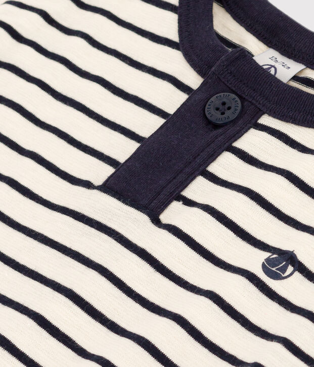 T-shirt beb&egrave; a maniche corte in jersey fiammato ecru/blu