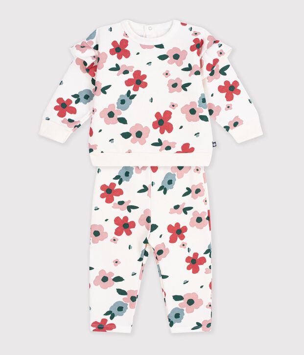 Set felpa e pantaloni in cotone con stampa a fiori neonata ecru/multicolore