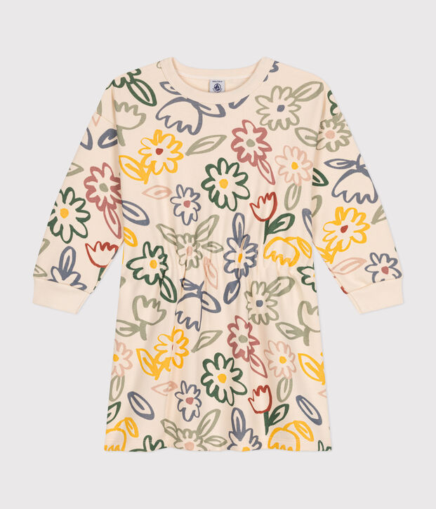 Abito a maniche lunghe in tessuto felpato bambina ecru/multicolore