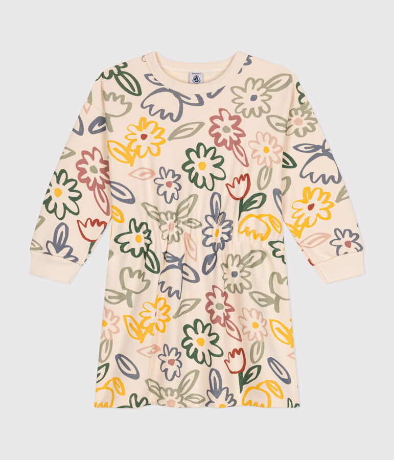 Abito a maniche lunghe in tessuto felpato bambina ecru/multicolore