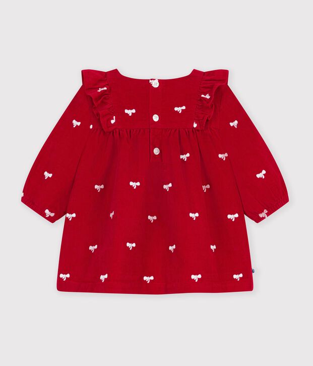 Abito a maniche lunghe in velluto con fiocchetti ricamati neonata rosso/ecru