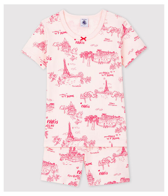 Pigiama corto snugfit tela di Jouy Parigi bambina in cotone rosa FLEUR/rosa GROSEILLER