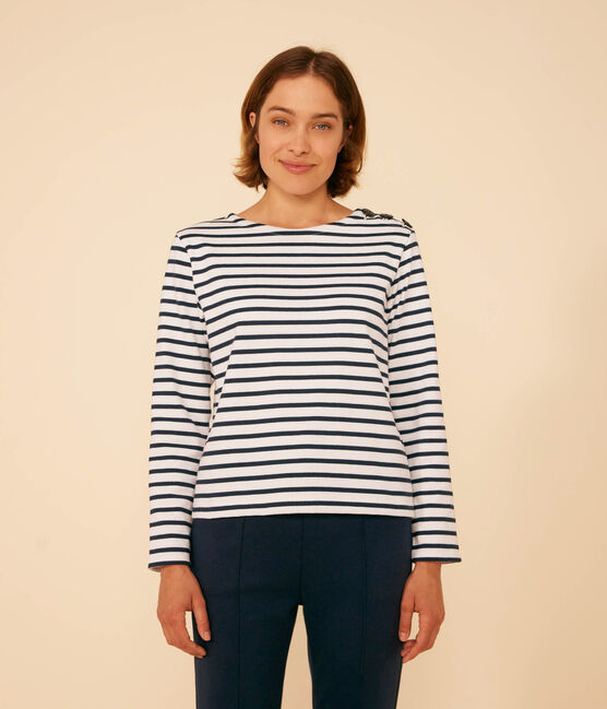 Marinière donna abbottonata in cotone bianco MARSHMALLOW/blu SMOKING