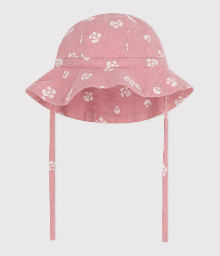 Cappellino in garza di cotone a fiori rosa neonata rosa/bianco