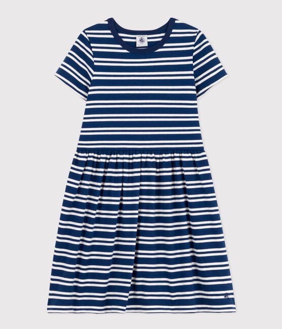 Abito a righe a maniche corte in cotone bambina blu MEDIEVAL/bianco MARSHMALLOW