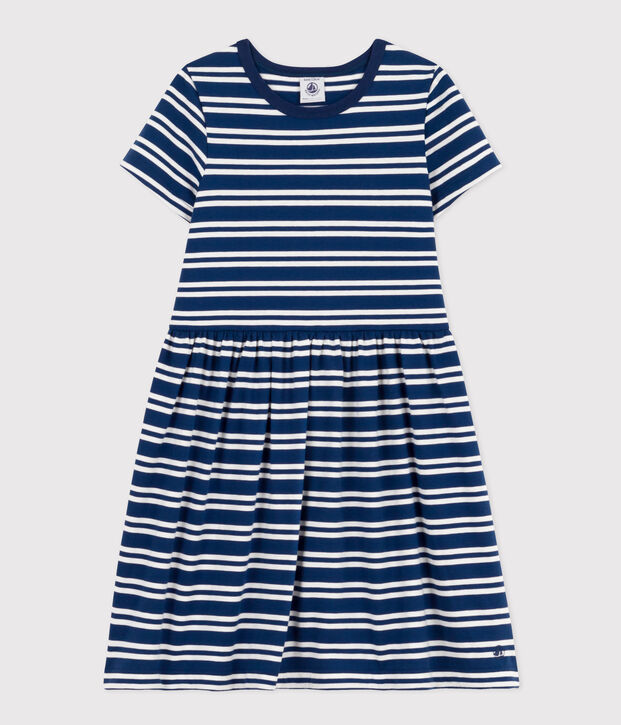 Abito a righe a maniche corte in cotone bambina blu/bianco