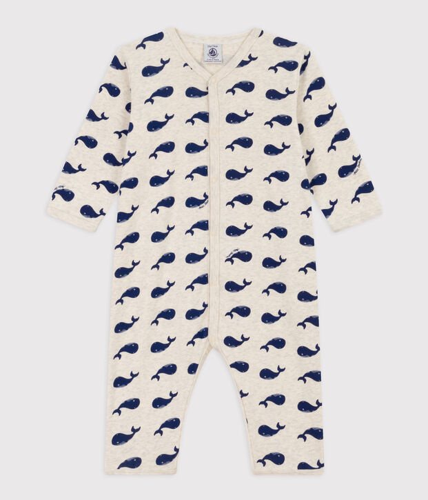 Pigiama senza piedi in cotone motivo balene marine beige/blu