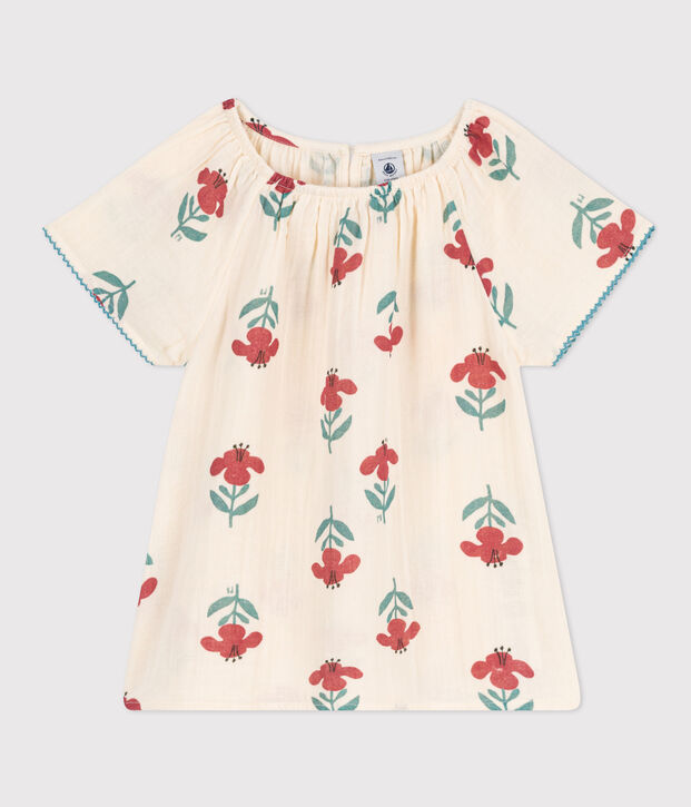 Blusa a fiori in garza di cotone bambina ecru/multicolore