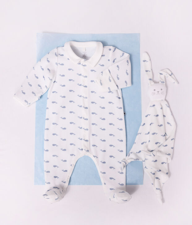 Pigiama in ciniglia con colletto e balena stampata neonato blu/blu