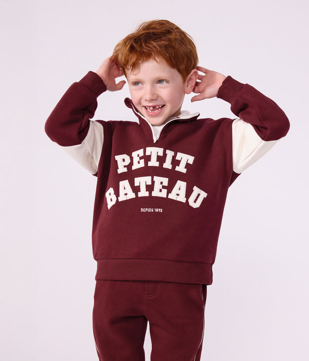 Felpa con mezza cerniera in cotone tinta unita color block bambino rosso/ecru