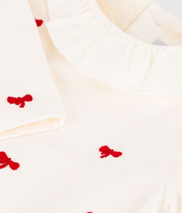 Blusa in velluto con motivo di fiocchi ricamati neonata ecru/rosso