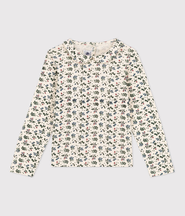 T-shirt bambina a maniche lunghe in cotone a fiori ecru/multicolore