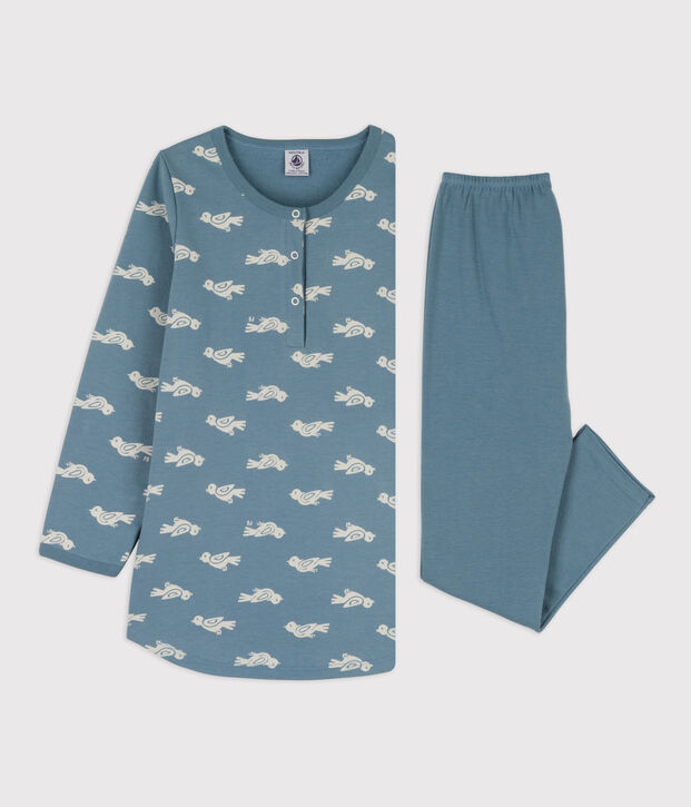 Camicia da notte e leggings in materiale felpato e cotone per bimbe, con fantasia volatile blu/bianco