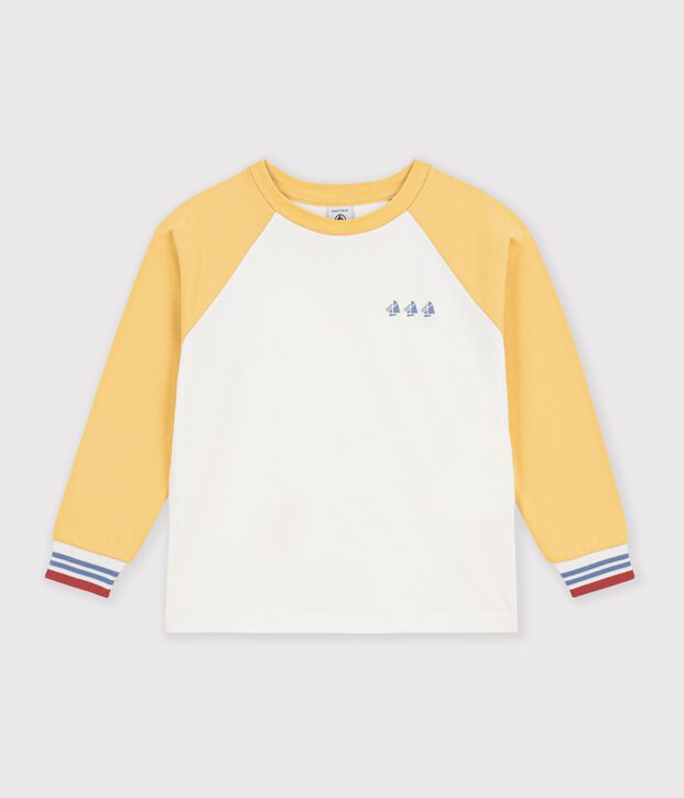 T-shirt a maniche lunghe in cotone color block bambino ecru/multicolore