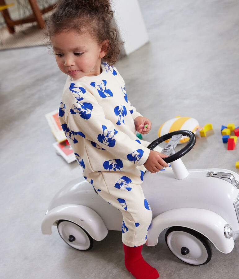 Tutina lunga in tessuto felpato stampato per beb&egrave; ecru/multicolore