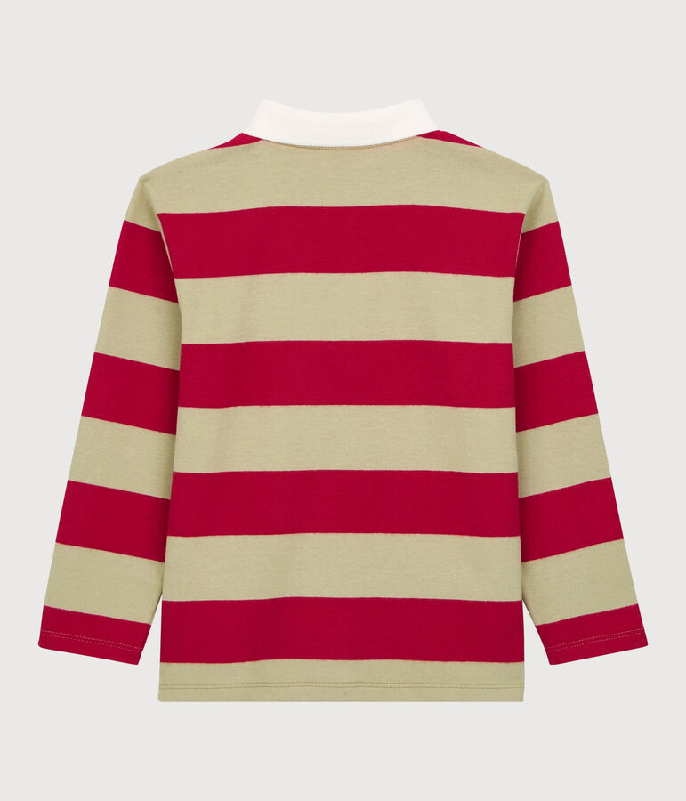 Polo bambino a maniche lunghe a righe in cotone rosso/beige